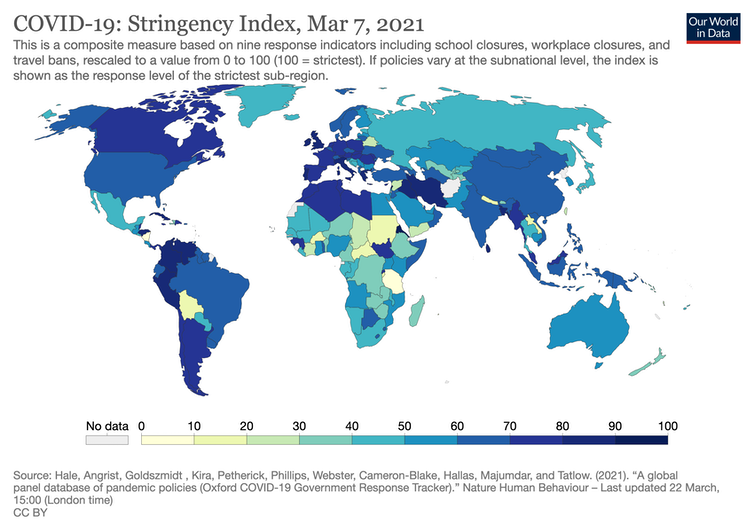 Carte montrant la rigueur relative des mesures Covid-19 par pays en mars 2020
