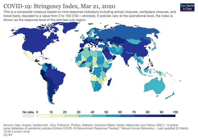 Carte montrant la rigueur relative des mesures anti-Covid-19 par pays, en mars 2020