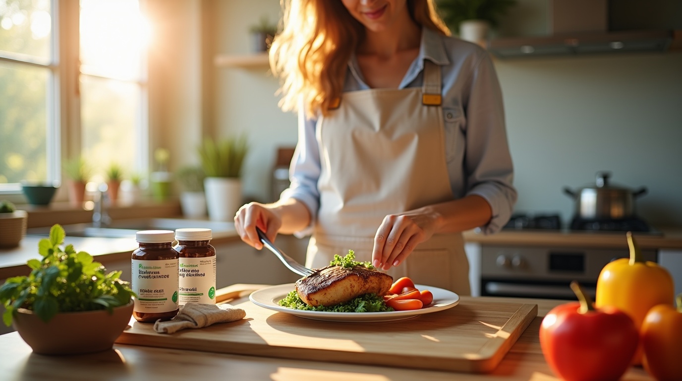 Personne cuisinant des ingrédients CLA dans une cuisine moderne