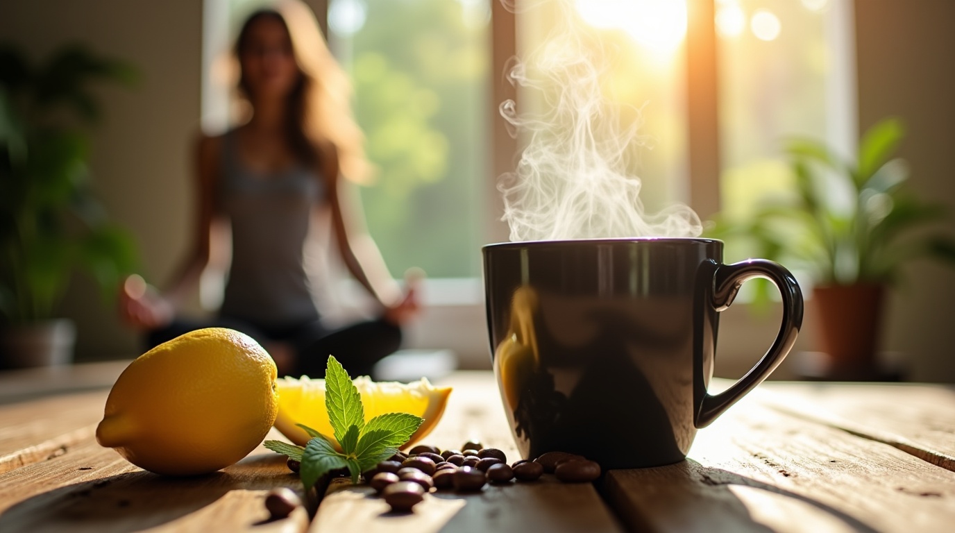 Tasse de café noir sur table avec ingrédients naturels pour la perte de poids et yoga en arrière-plan.
