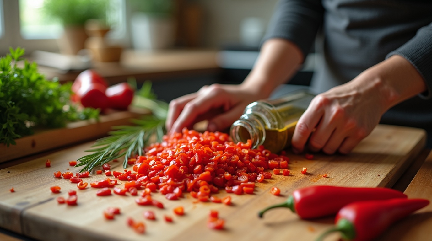 Préparation d’un plat épicé avec des piments frais représentant la capsaïcine et son effet sur la combustion des graisses