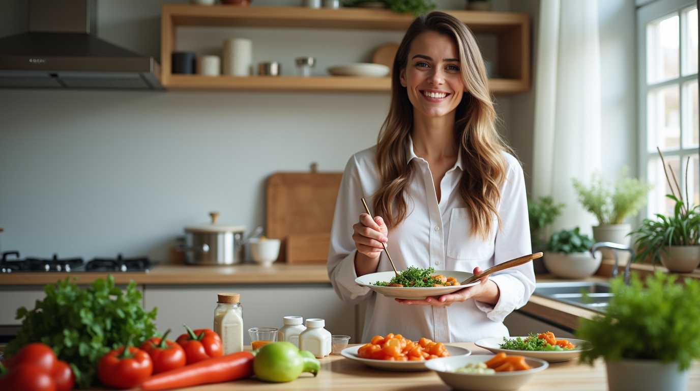 Une femme préparant un repas sain avec du glucomannane pour illustrer la gestion du poids.