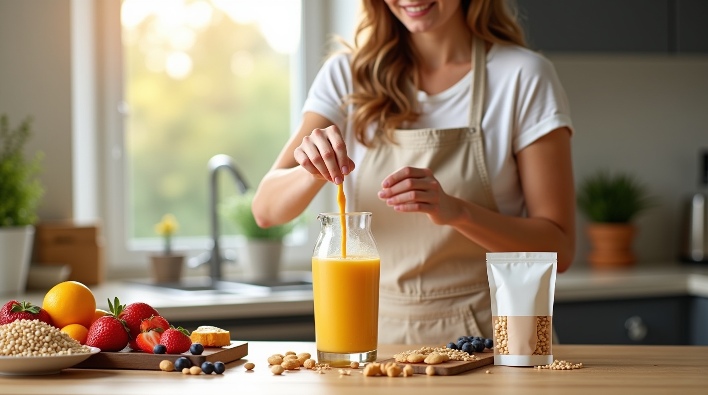 Femme préparant un smoothie de glucomannane dans une cuisine moderne avec des fruits et ingrédients sains.